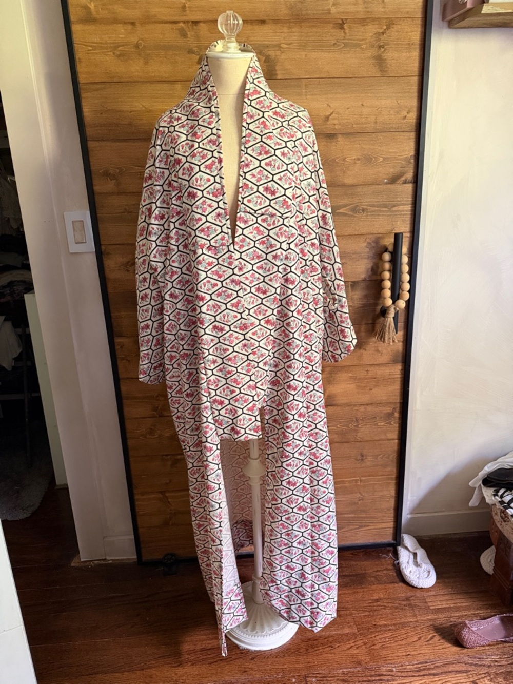 Floral Geometric Long Kimono Duster - Pink & White